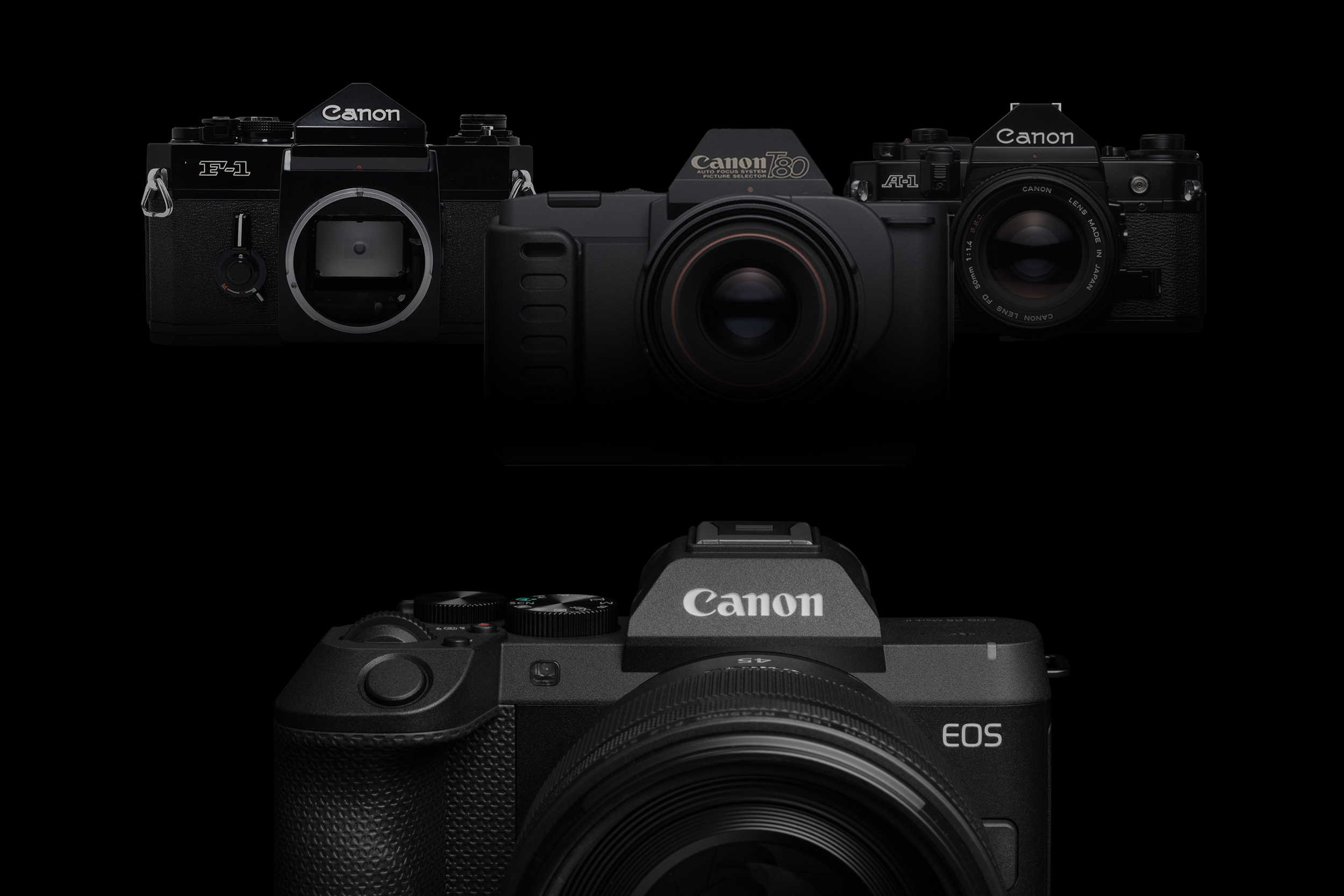 Canon EOS R8 Mark II on a black background, with three legendary Canon cameras behind it that supposedly inspire the new camera's design.
