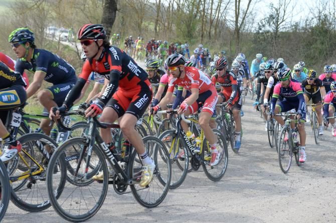 Sammy Sanchez (BMC) rolls along in the Strade Bianche peloton