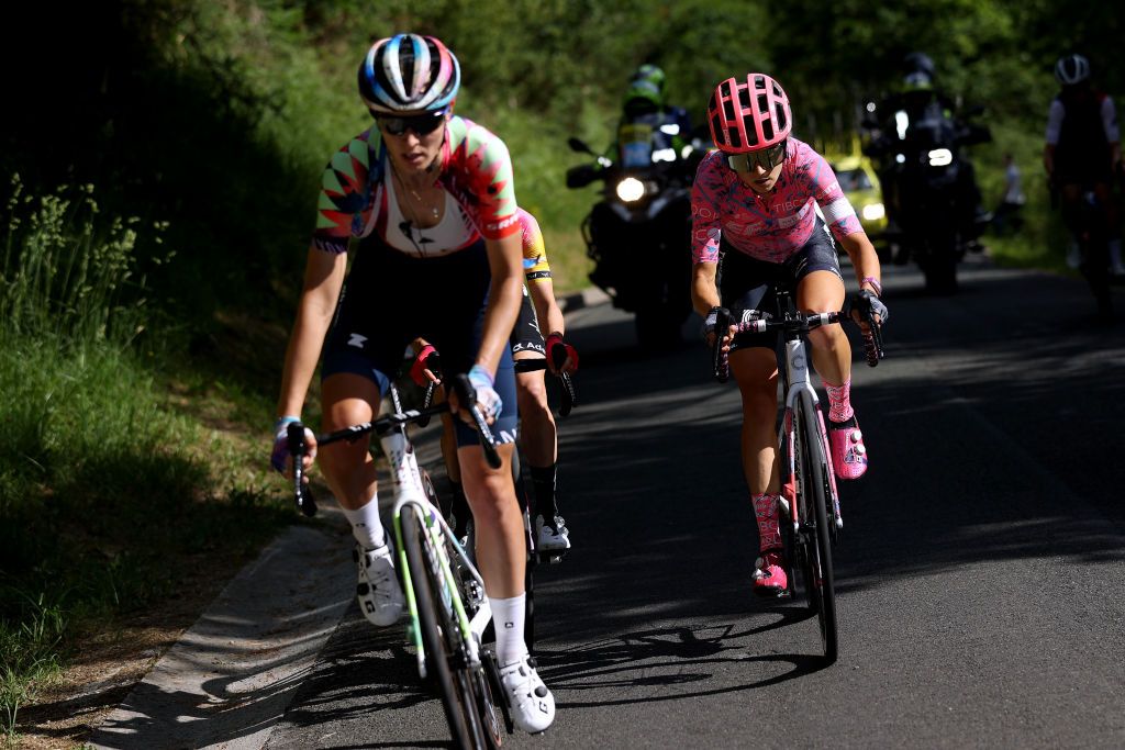 DURANGO SPAIN MAY 17 LR Pauliena Rooijakkers of Netherlands and Canyon SRAM Racing Team and Veronica Ewers of United States and Team EF Education Tibco Svb competes in the breakaway during the 21st Durango Durango Emakumeen Saria 2022 a 113km one day race from Durango to to Durango DurangoDurango22 on May 17 2022 in Durango Spain Photo by Gonzalo Arroyo MorenoGetty Images