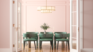 Dining room with chevron-style wooden floor