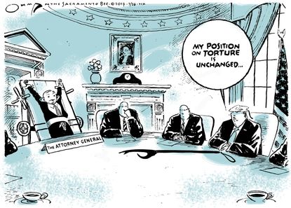 Political cartoon U.S. Trump Sessions resignation torture