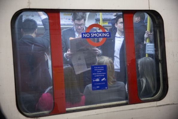 A busy train car.