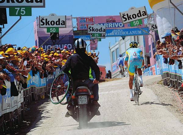 Astana's Gorazd Stangelj approaches the finish line of the Plan de Corones mountain time trial at the Giro d'Italia.