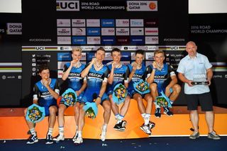 Bob Jungels, Marcel Kittel, Yves Lampaert,Tony Martin, Niki Terpstra and Julien Vermote pose on the podium after their victory in the men's team time trial at the the 2016 UCI Road World Championships.