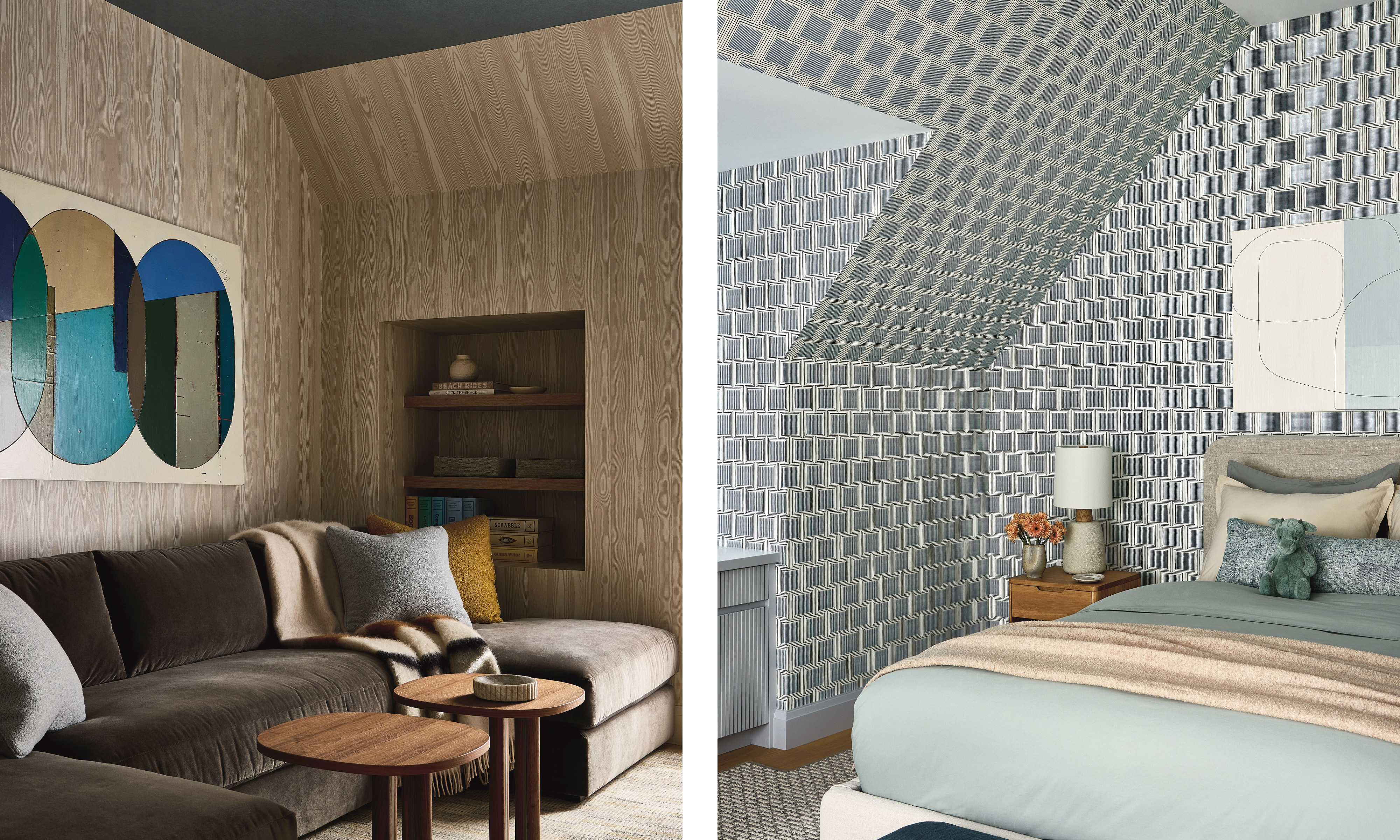 A split image of a game room with wood-paneled wallpaper, and a bedroom with light blue colors.