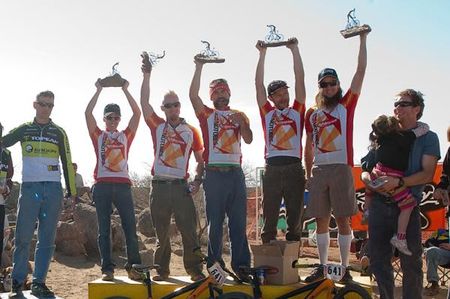 Victory belonged to the Hippie Ninja's of Stan's World in the Kona Bikes 24 Hours in the Old Pueblo race in Tucson. The NoTubes team passed up Team Topeak-Ergon in the Five Person Co-ed 150-199 Combined Age category.
