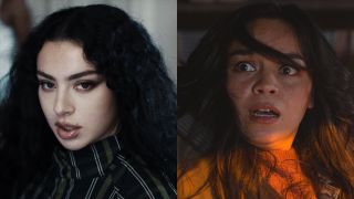 Charli XCX pictured in the video for "360," shown next to a frightened Kaitlyn Santa Juana from Final Destination Bloodlines.