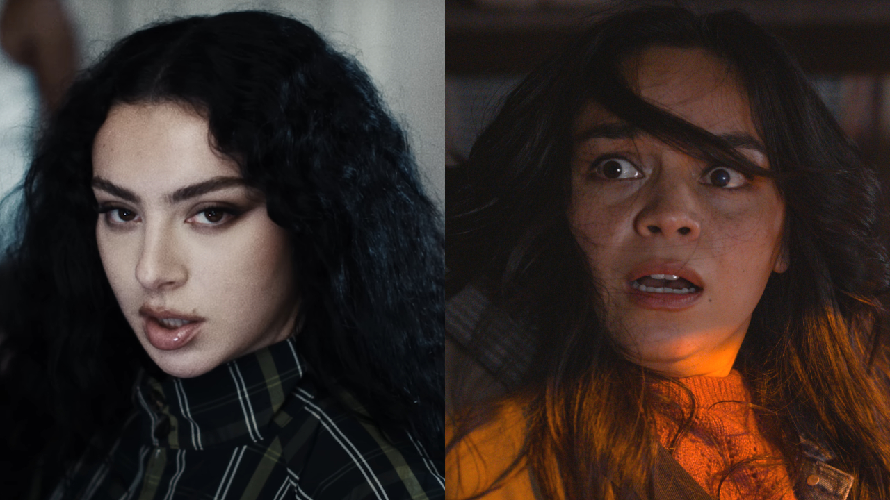 Charli XCX pictured in the video for "360," shown next to a frightened Kaitlyn Santa Juana from Final Destination Bloodlines.