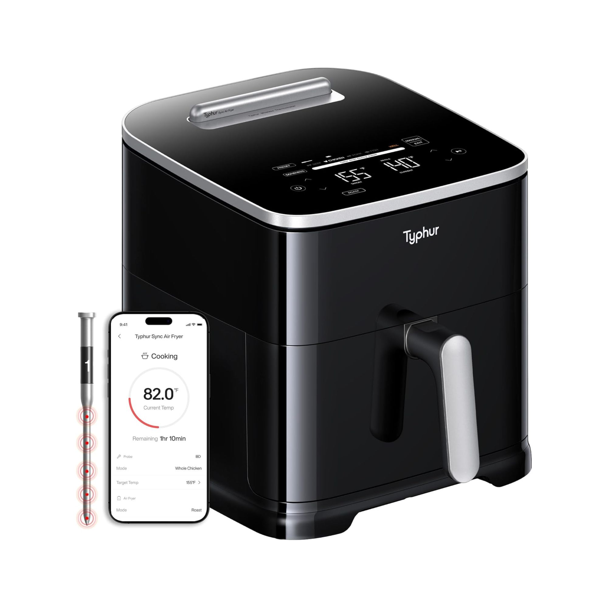 Black air fryer with temperature probe and phone app