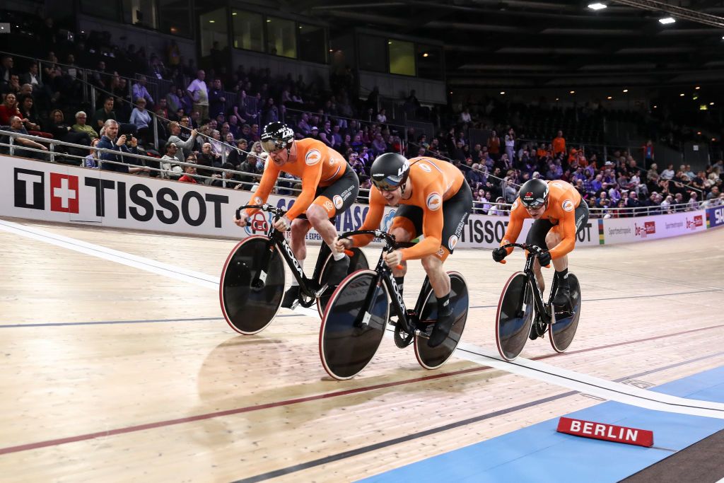 BERLIN GERMANY FEBRUARY 26 Jeffrey Hoogland Harrie Lavreysen and Roy van den Berg of The Netherlands compete during Mens Team Sprint Final during day 1 of the UCI Track Cycling World Championships Berlin at Velodrom on February 26 2020 in Berlin Germany Photo by Maja HitijGetty Images