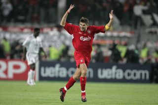 Steven Gerrard celebrates after scoring for Liverpool against AC Milan in the 2005 Champions League final.