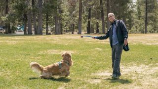 Man playing fetch with dog