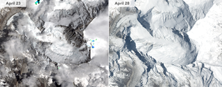 Mount Everest before (April 14) and after (April 23) the Nepal earthquake. The April 23 image was acquired by the Operational Land Imager on Landsat 8; and the April 28 image was acquired by the Advanced Land Imager on Earth Observing-1.
