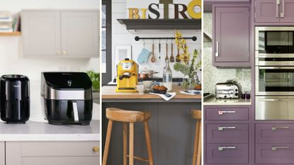 Three kitchens showing countertops with key kitchen appliance trends including air fryers, coffee stations and a Dualit toaster