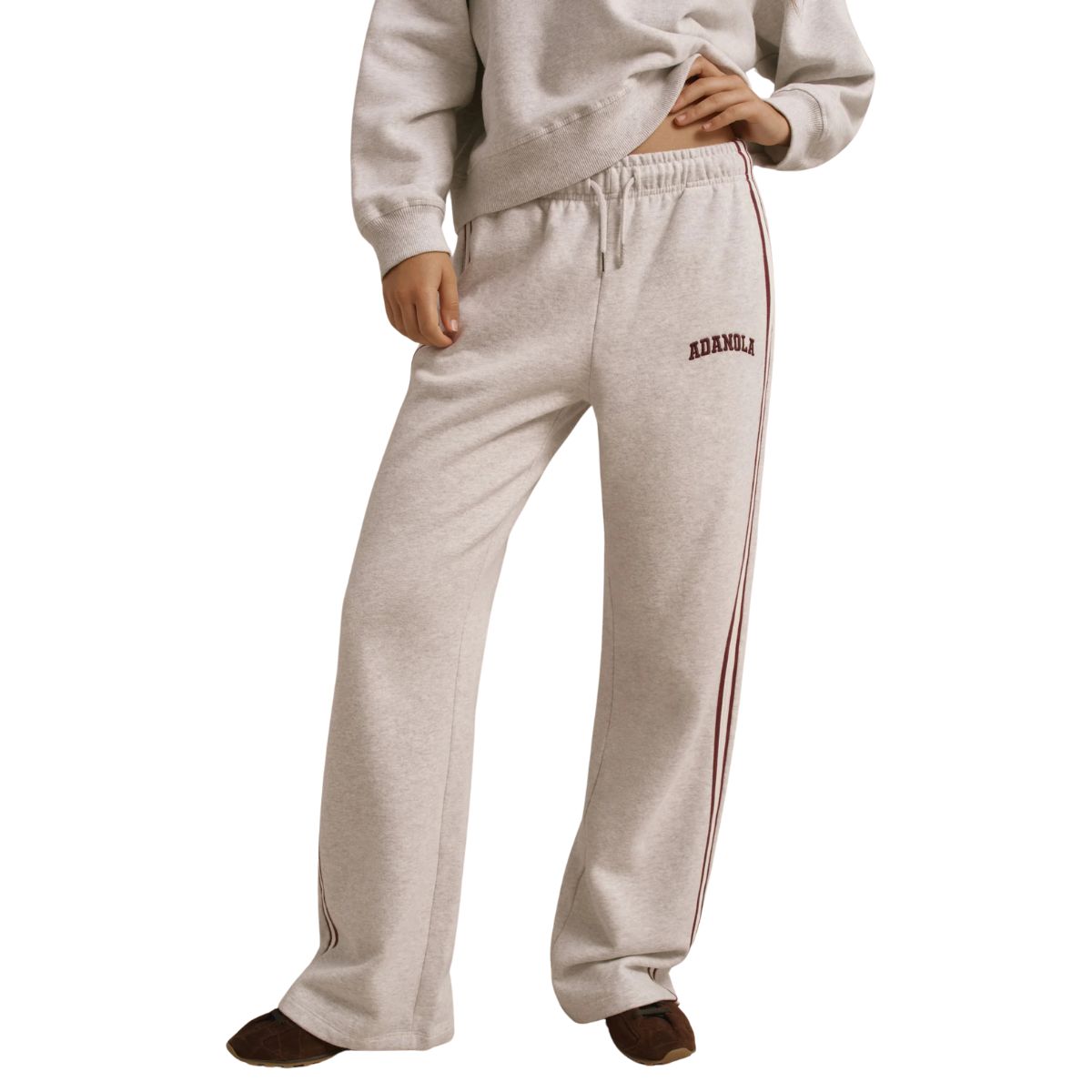 Varsity Loose Fit Straight Leg Sweatpants - Light Grey Melange/Dark Cherry