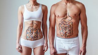 Two people with an illustration on their abdomen of intestines with colourful bacteria