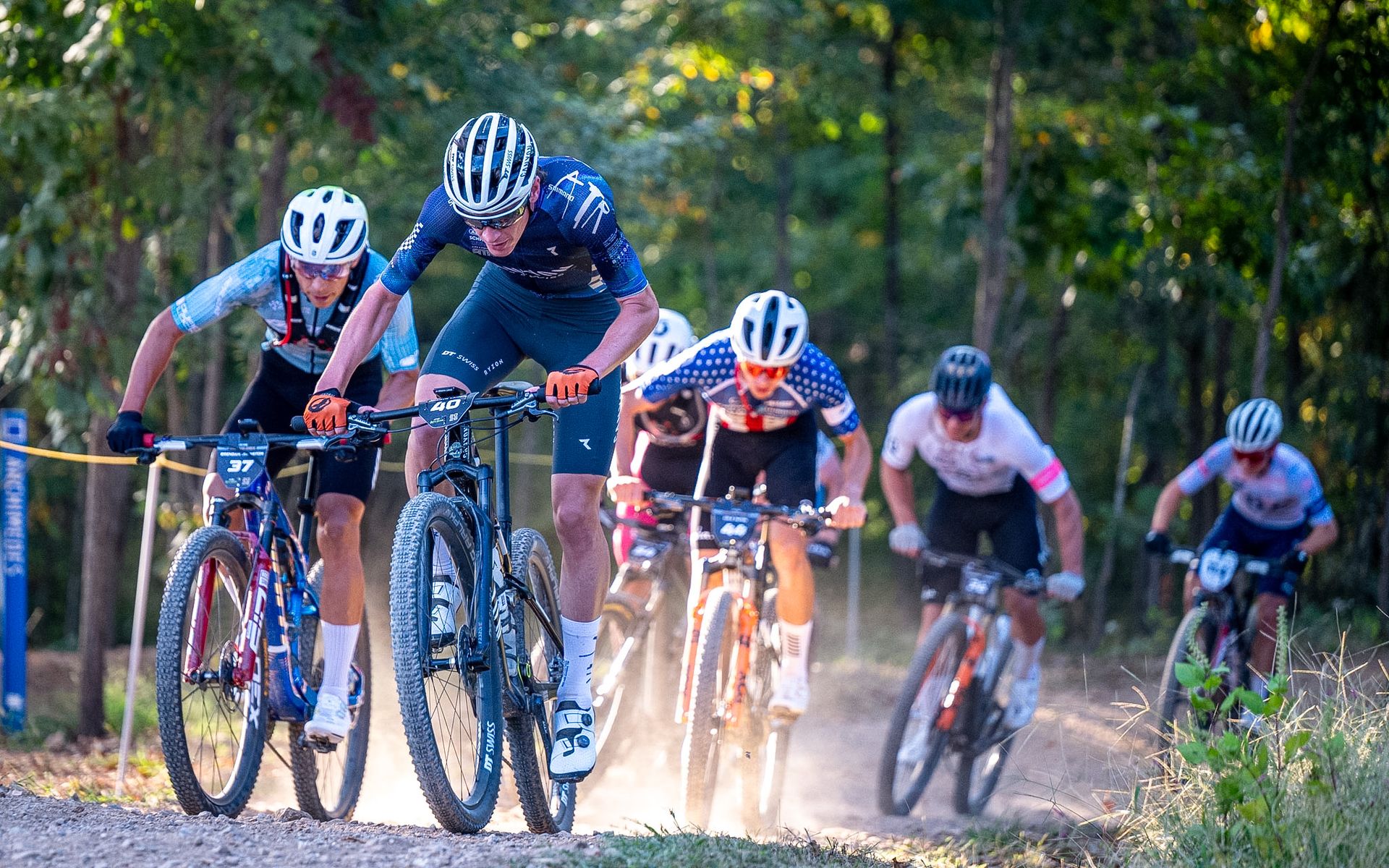 Bradyn Lange makes a move a the front of the elite men's race in opening 15 miles at 2026 Little Sugar MTB