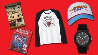 Stranger Things merch on a red background