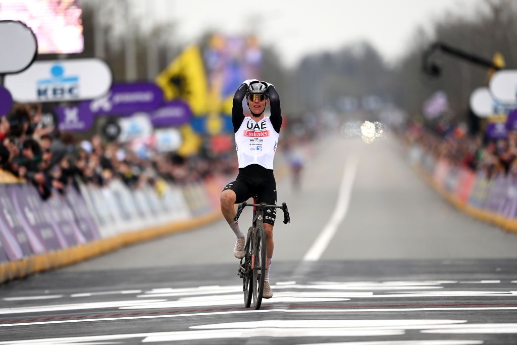 OUDENAARDE BELGIUM APRIL 02 Tadej Pogacar of Slovenia and UAE Team Emirates celebrates at finish line as race winner during the 107th Ronde van Vlaanderen Tour des Flandres 2023 Mens Elite a 2734km one day race from Brugge to Oudenaarde UCIWT on April 02 2023 in Brugge Belgium Photo by Tim de WaeleGetty Images