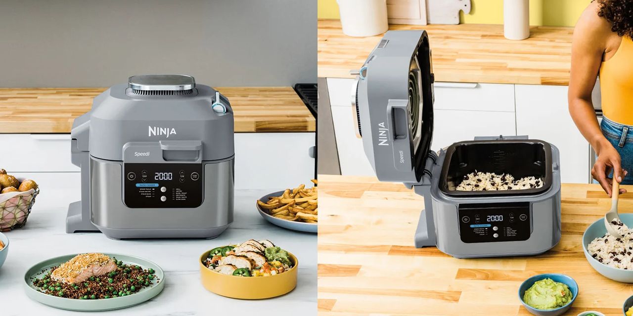 Image of Ninja Speedi new cooker on countertop being used to make various foods