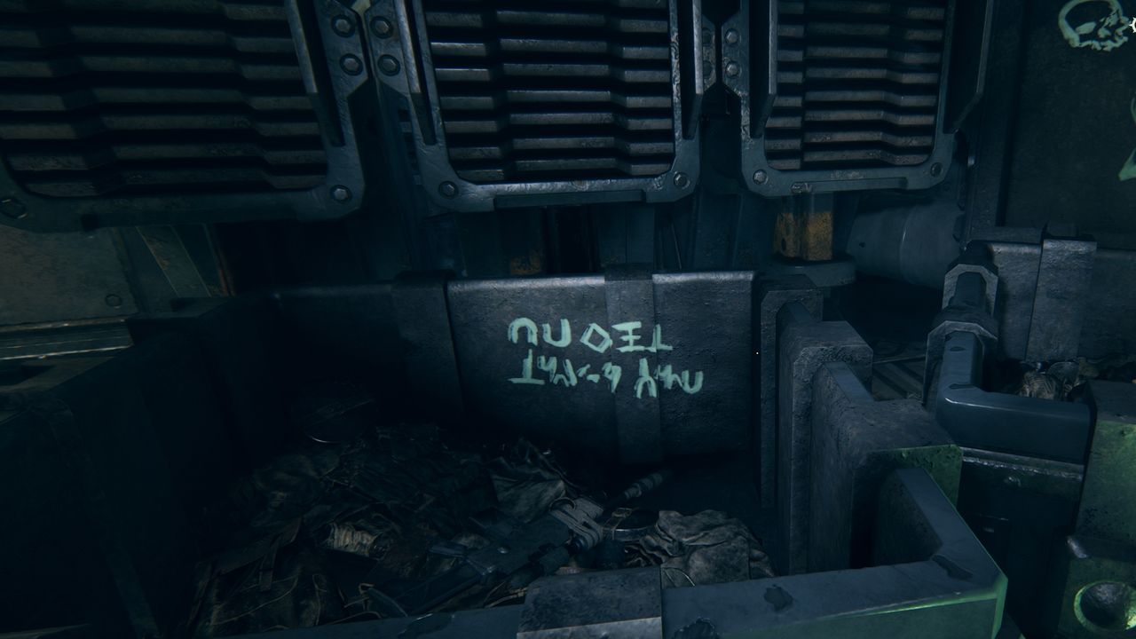 Darktide easter egg: graffiti that says "NURGLE LOVES YOU" in Chaos Runes