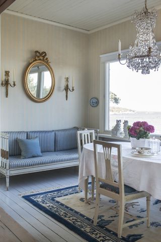 Dining space with view of the sea from a Swedish traditional summer home on an island