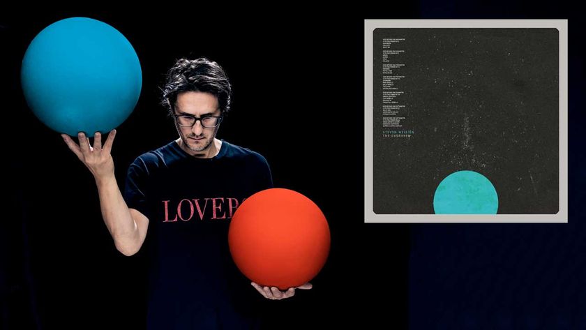 Steven Wilson looking down while holding blue and red balls, and the cover artwork of his album The Overview 