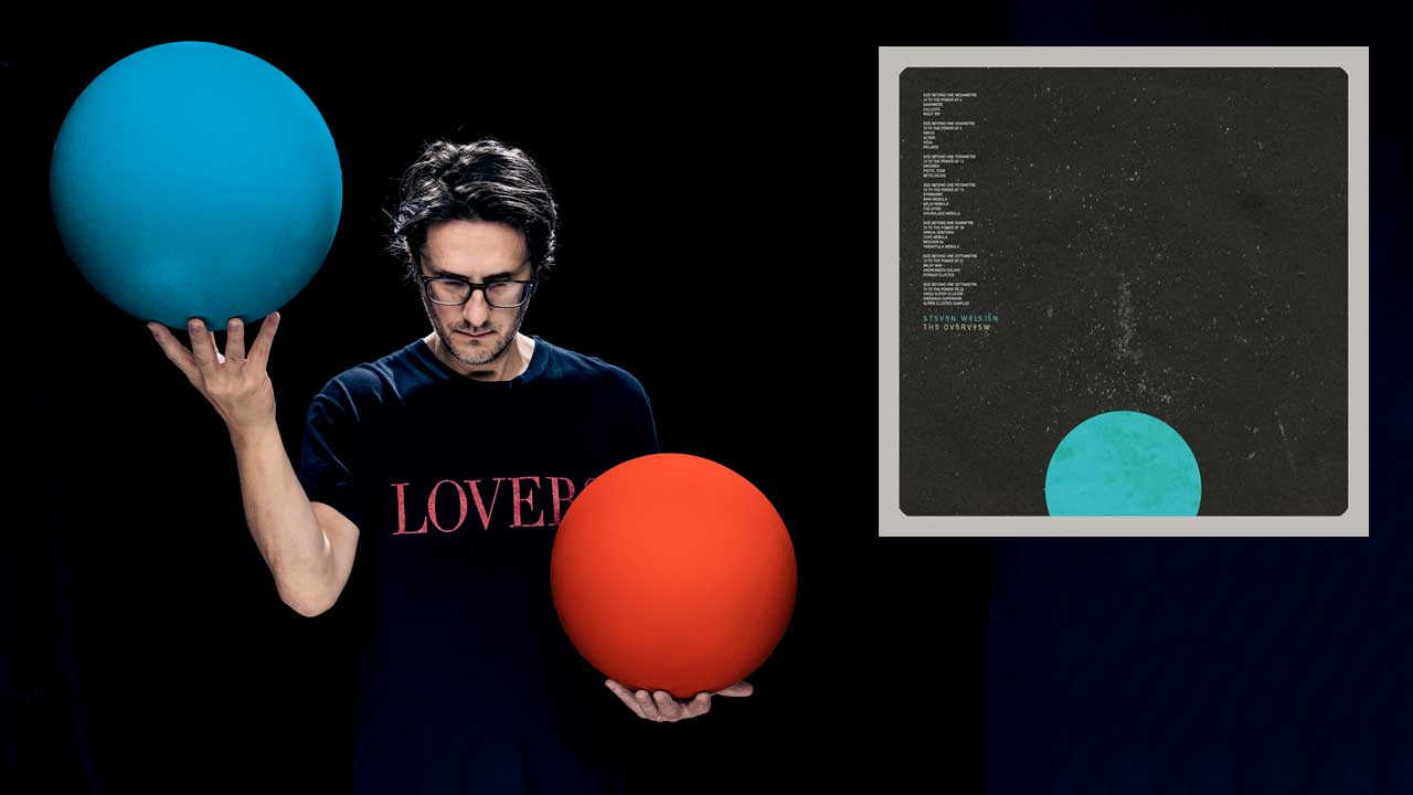 Steven Wilson looking down while holding blue and red balls, and the cover artwork of his album The Overview