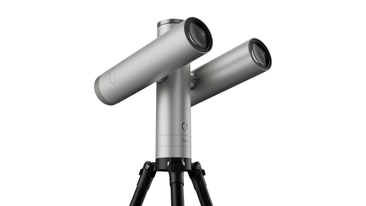 The Vaonis Atlas on a small black tripod, with two Atlas 80 optical tubes attached and pointing upwards, against a white background.
