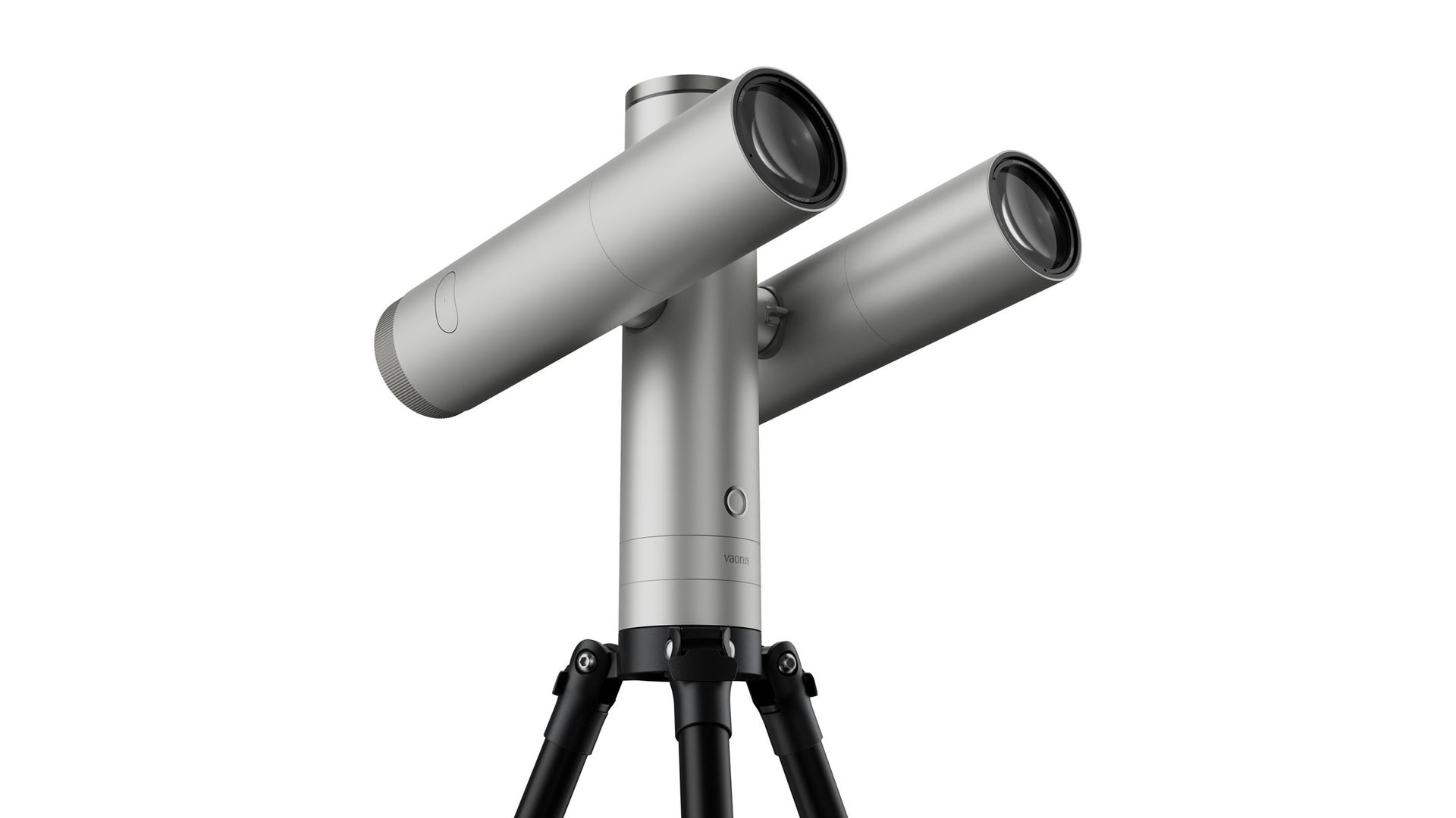 The Vaonis Atlas on a small black tripod, with two Atlas 80 optical tubes attached and pointing upwards, against a white background.