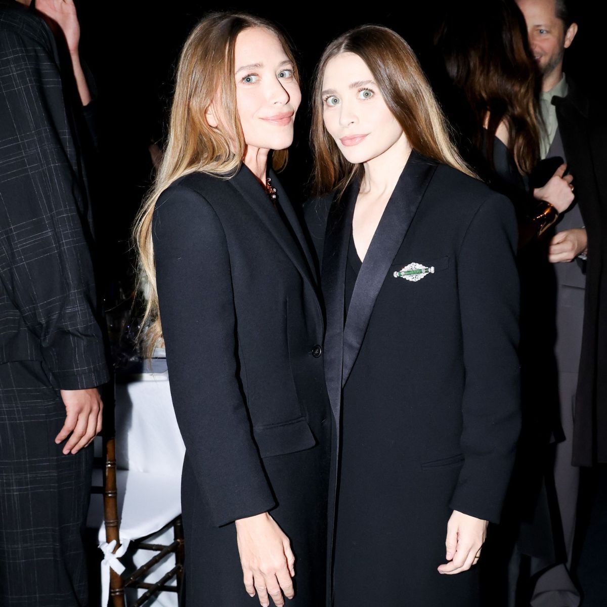 mary kate and ashley olsen wearing tuxedo evening coats