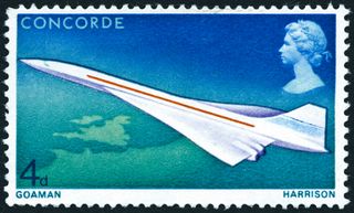 British 4d postage stamp issued to commemorate first flight of the Anglo-French Concorde on 3rd March 1969