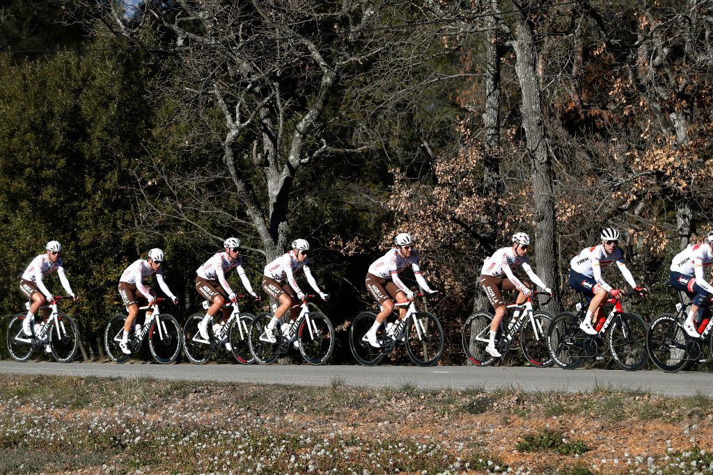 MARSEILLE FRANCE JANUARY 30 Benoit Cosnefroy of France Lilian Calmejane of France Clment Champoussin of France Geoffrey Bouchard of France Lawrence Warbasse of The United States Antoine Raugel of France Paul Lapeira of France and AG2R Citron Team compete during the 43rd Grand Prix La Marseillaise 2022 a 1743km race from ChteauGombert to Marseille GPLM2022 on January 30 2022 in Marseille France Photo by Bas CzerwinskiGetty Images