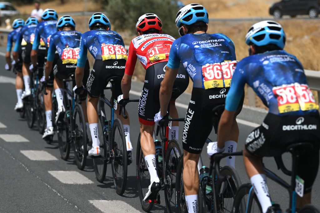 GRANADA SPAIN AUGUST 25 Ben OConnor of Australia and Team Decathlon AG2R La Mondiale Red Leader Jersey with teammates compete during the La Vuelta 79th Tour of Spain 2024 Stage 9 a 1785km stage from Motril to Granada UCIWT on August 25 2024 in Granada Spain Photo by Dario BelingheriGetty Images