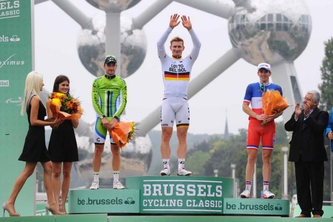 Andre Greipel (Lotto-Belisol) on the top step of the podium along with Elia Viviani (left) and Arnaud D&eacute;mare (right)