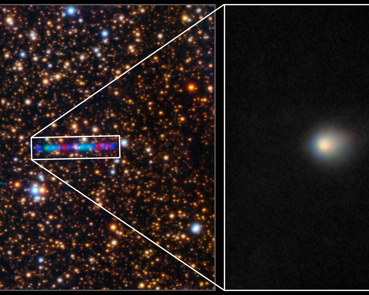 A pictures of stars in the galaxy with a pull out showing a bright glow of the 3I/ATLAS comet
