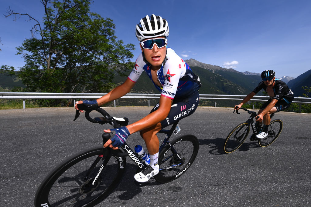 MOOSALP SWITZERLAND JUNE 17 LR Fausto Masnada of Italy and Team QuickStep Alpha Vinyl and Nico Denz of Germany and Team DSM compete in the breakaway during the 85th Tour de Suisse 2022 Stage 6 a 1775km stage from Locarno to Moosalp 2048m ourdesuisse2022 WorldTour on June 17 2022 in Moosalp Switzerland Photo by Tim de WaeleGetty Images