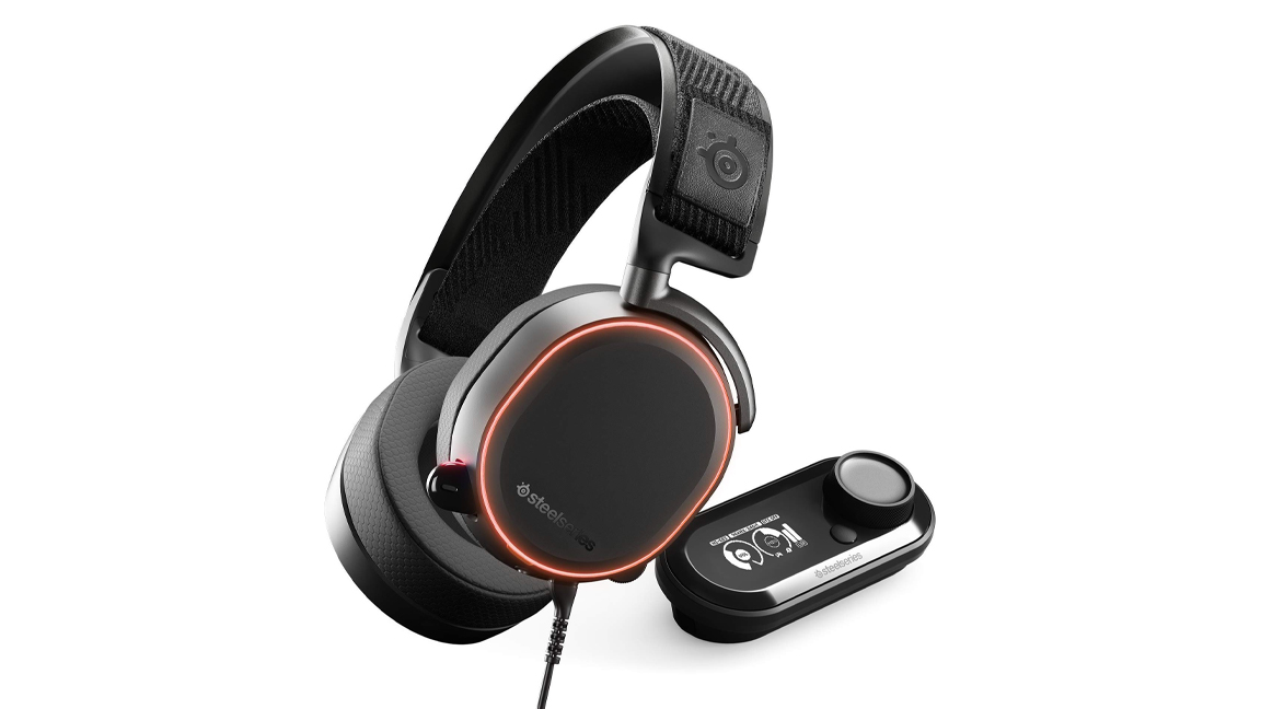 SteelSeries Arctis Pro at an angle with its DAC on a white background