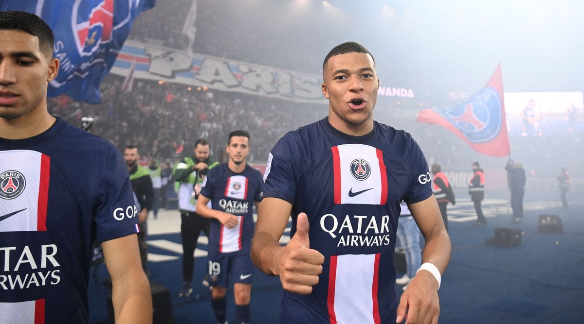 Kylian Mbappe gives a thumb up following the Ligue 1 match between PSG and Marseille on 16 October, 2022 at the Parc des Princes, Paris, France