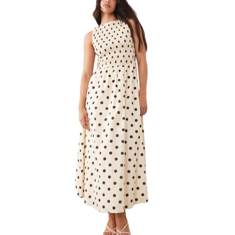 Kaiia, Cotton Slashneck Shirred Bodice Maxi Dress