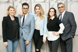 Jennifer Robertson, Daniel Levy, Annie Murphy, Emily Hampshire and Eugene Levy attend AOL Build Presents "Schitt's Creek" at AOL Studios In New York on March 16, 2016 in New York City