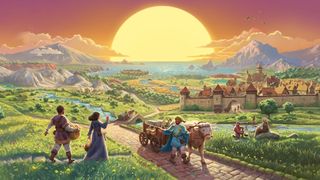 Catan box art with a large sun setting over a medieval scene