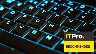 A closeup of a backlit keyboard overlaid with the IT Pro Recommended Award logo