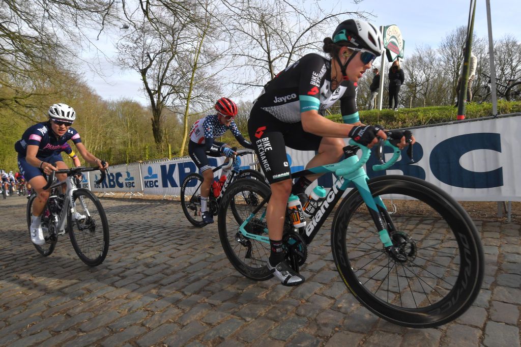 WEVELGEM BELGIUM MARCH 28 Ruth Winder of United States and Team Trek Segafredo Grace Brown of Australia and Team BikeExchange during the 10th GentWevelgem In Flanders Fields 2021 Womens Elite a 1417km race from Ypres to Wevelgem Kemmelberg Ossuaire Cobblestones GWE21 GWEWomen FlandersClassic UCIWWT on March 28 2021 in Wevelgem Belgium Photo by Luc ClaessenGetty Images