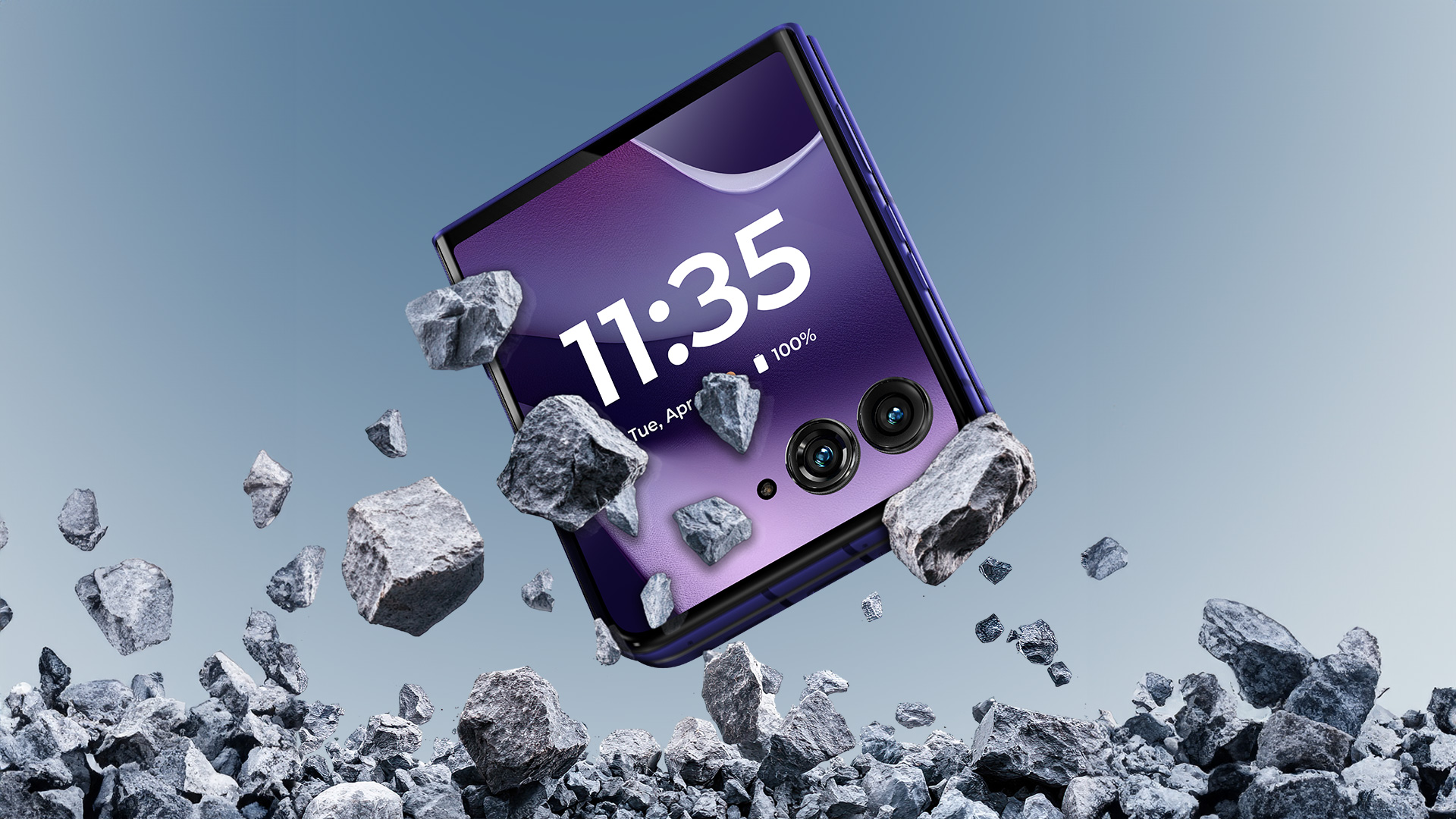 Render showing the Motorola Razr 70 Ultra with shattered rocks floating around it