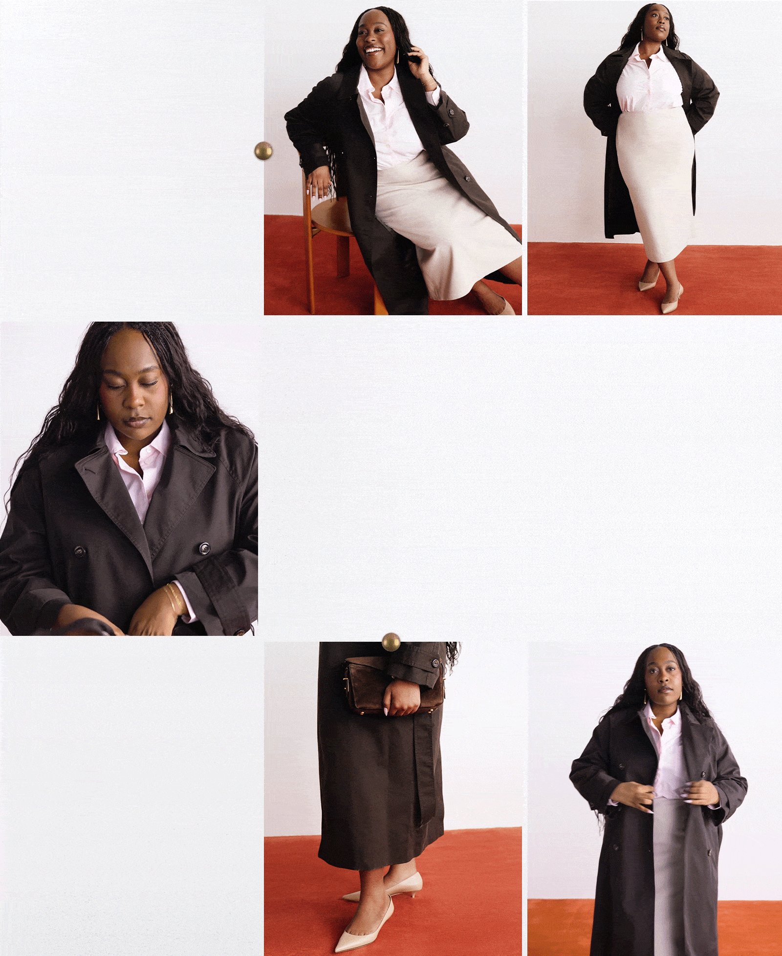 Aniyah wears a brown trench coat, pink top, and beige pencil skirt.