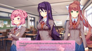 Sayori, Natsuki, and Yuri in Doki Doki Literature Club, one of the best anime games.