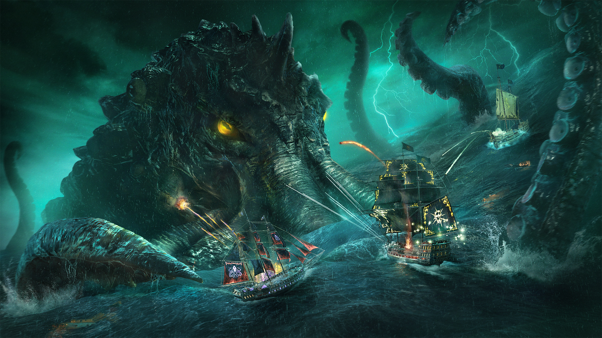 Skull and Bones art of kraken attacking ships