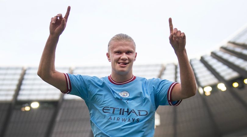 Erling Haaland celebrates after scoring for Manchester City against Brighton.