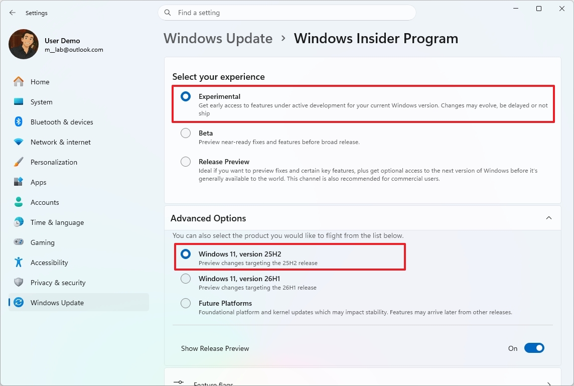 Settings page for Windows Insider Program. "Experimental" and "Windows 11, version 25H2" options are selected. Side menu displays system settings.